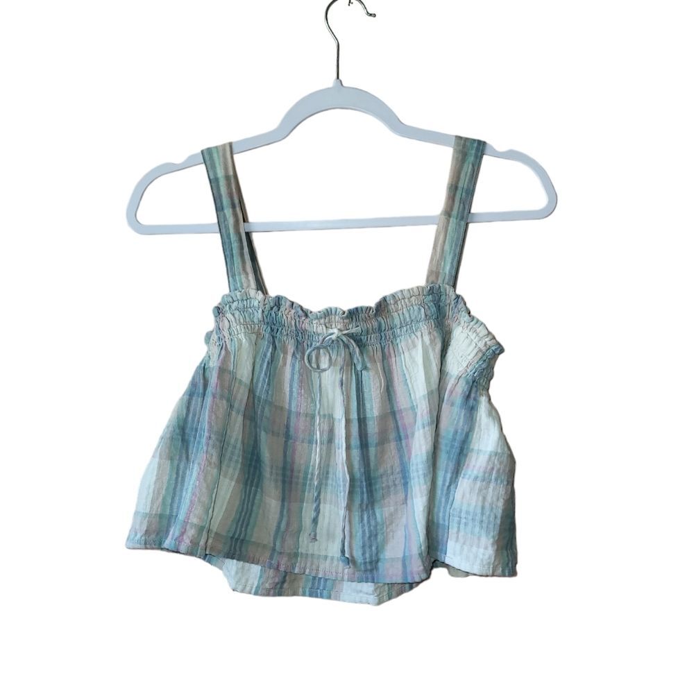 American Eagle Linen Blend Stripe Flounce Crop Tank Top small